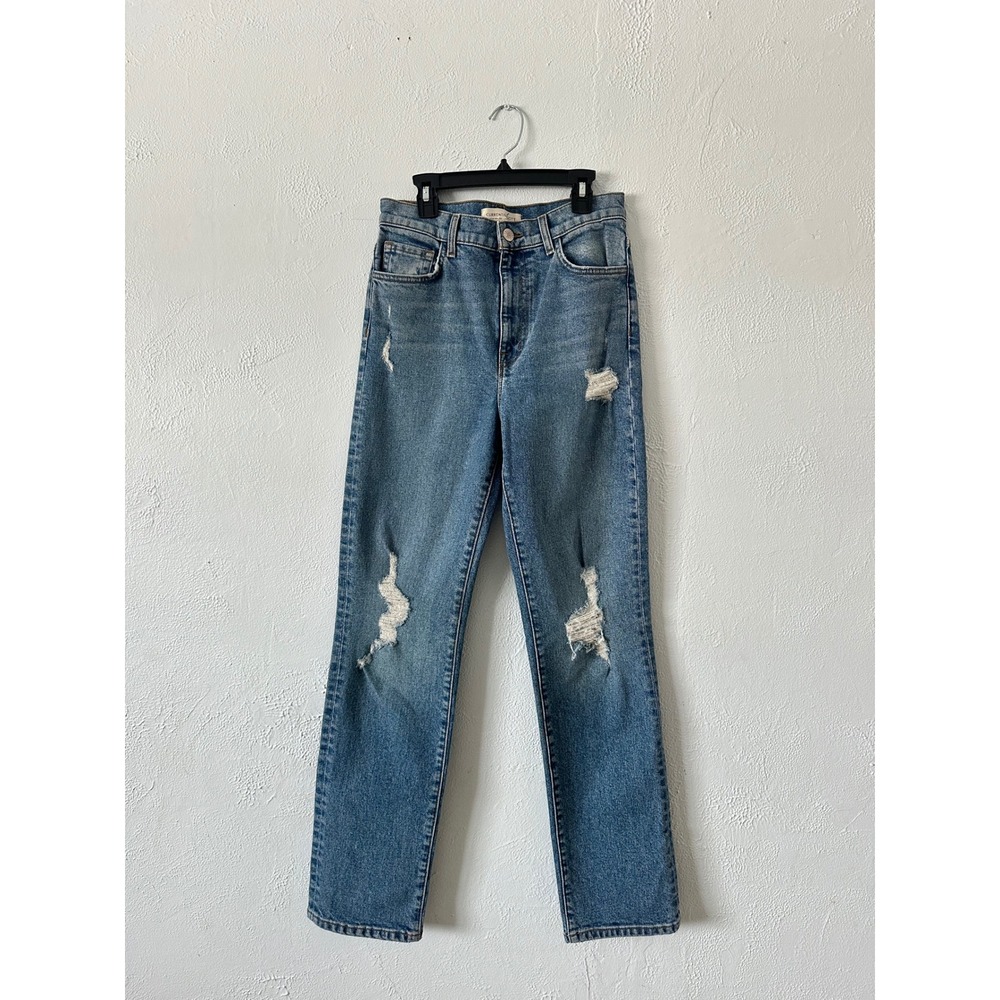 Current/Elliott Womens‎ High Rise Straight Leg Distressed Ripped Jeans Blue 25
